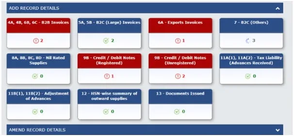 GSTR 1 Dashboard Tiles Document counts