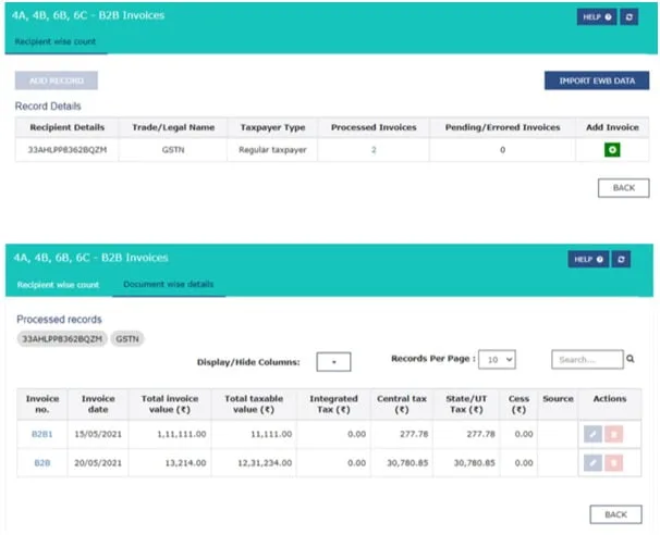GSTR 1 Dashboard (B2B and CDNR Table)