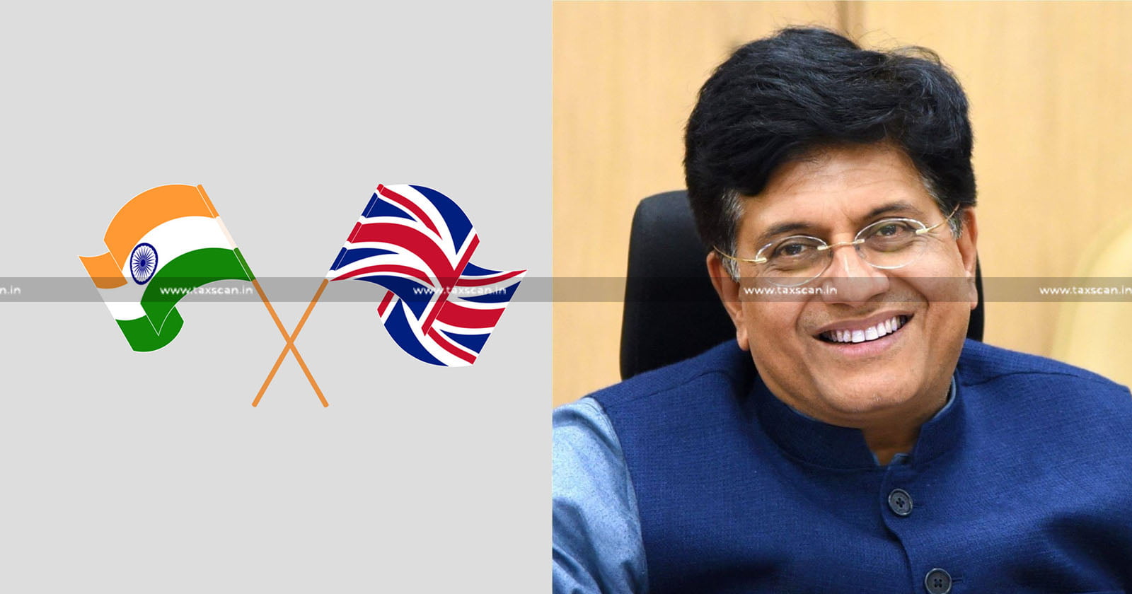 UK and India Flags + image of Union Minister Piyush Goyal