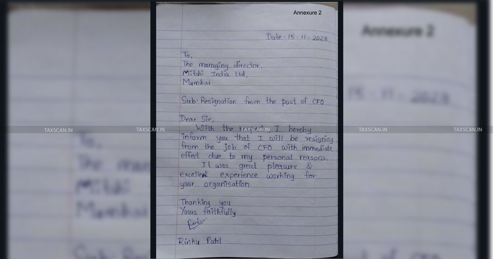 CFO - listed company in India - Company Tender - CFO Handwritten Resignation - Resignation in notebook page - Viral resignation - Rinku Patel - Mitshi Limited - taxscan